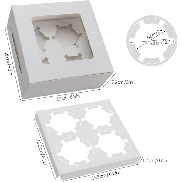 Sæt med 10 cupcake-æsker med 4 huller Hvid, 16 x 16 x 7,6 cm (6,3x6,3x3\")