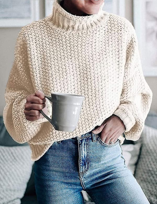 Dame Turtleneck Batwing Ærme Løstsiddende Oversized Chunky Strikket