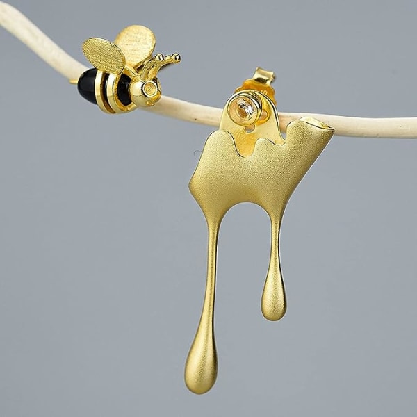 S925 Sterling Silver Örhängen Bee and Dripping Honey Asymmetrisk Stud Örhängen fo