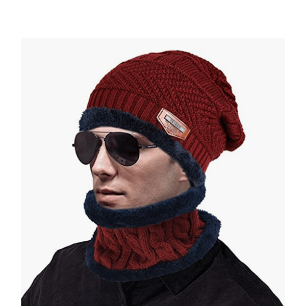 Vintermössa för män och kvinnor, halsduk set, varm stickad mössa, tjock ullfoder, avslappnad hatt, storlek (vinröd)