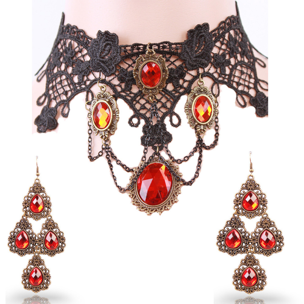 Gothic vampyr smykkesæt - sort blondechoker med rød rhineston