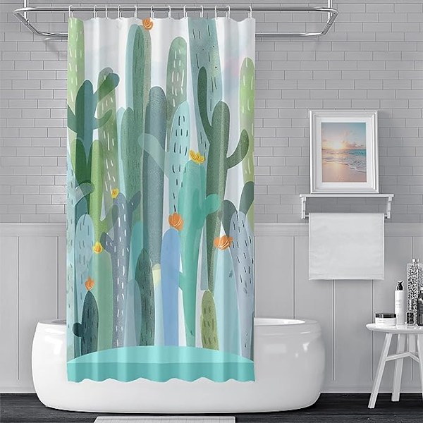 150x180cm Sukkulente Kaktus Bruseforhæng Planter Grøn Blomstermønster Bruseforhæng til Badeværelse Vandtæt Polyesterstof Sæt med Kroge