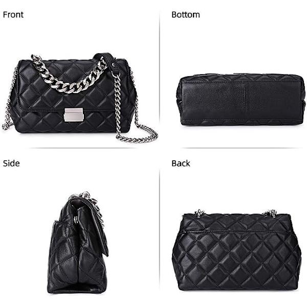 Nahkainen, tikattu olkalaukku, klassinen crossbody-laukku metalliketjulla, musta
