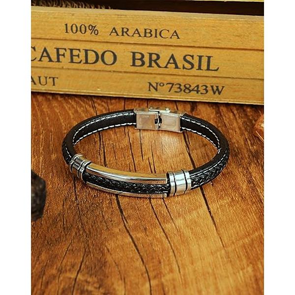 Herr svart läderarmband för tonårspojkar silver rostfritt stål