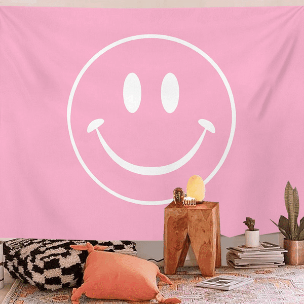 Rosa Smiley Face Tapestry Söt Estetisk Preppy Tapestry Rosa Tap
