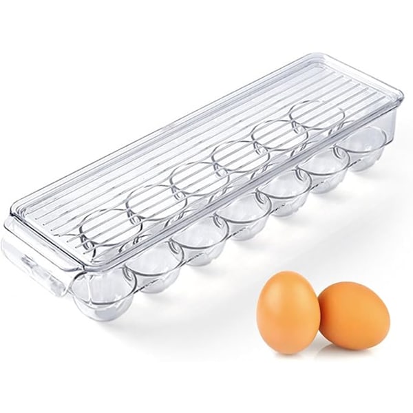 Äggförvaring kylskåp, 14-facks äggförvaringsbehållare, äggdispenser i plast med lock, stapelbar klar ägghållare för kylskåp, 37 x 11 x 7,5