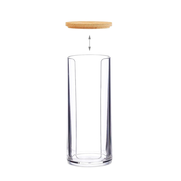 Bomuldsopbevaring 1. akryl, bambus, badeværelse, bomuldsdispenser med låg, HxD: 19,5x6,9cm, transparent/naturlig