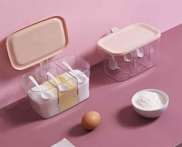 1 förpackning med lock plast kryddbox transparent tre rutnät hav
