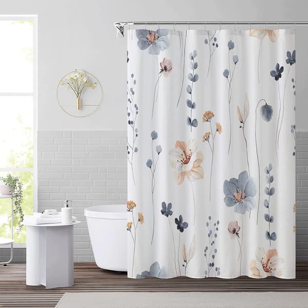Akvarell blommig duschdraperi set, blå beige blommor badrum