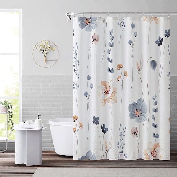 Decoreagy Akvarell Blommig Duschdraperi Set, Blå Beige Blommor