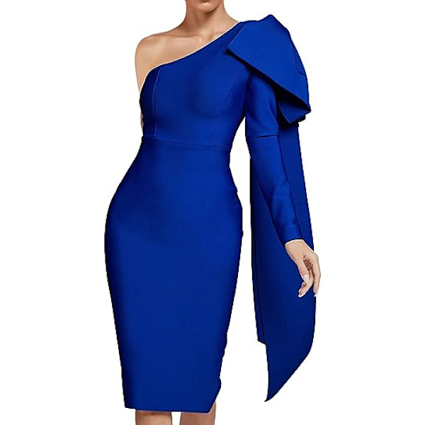 Damklänning med en axel, rosett, lång ärm, bodycon, knälång, klubb