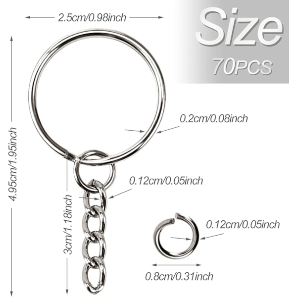 70 stk Nøkkelring, 25 mm Nøkkelringklips, Nøkkelringer med Kjede, Mini Åpne Spalte-ringer, Delte Nøkkelringer, for DIY Håndverk, Nøkkelringvesker Dekor
