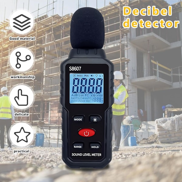 Decibel Tester Lydniveau Måler 30dB til 130dB Lydmåler med Baggrundsbelyst LCD-Display til Hjemmet, Støjende Naboer, Fabrik