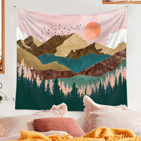 Solnedgång Gobeläng Skogsträd Gobeläng Naturlandskap Gobeläng Väggbonad för Sovrum Vardagsrum-H51.2×W59.1 tum