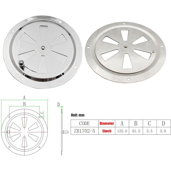 Runde ventilasjonsgitter i rustfritt stål 125mm Justerbar luftventil Luftinntak og avtrekk for tørketrommelventilgitter - Sølv