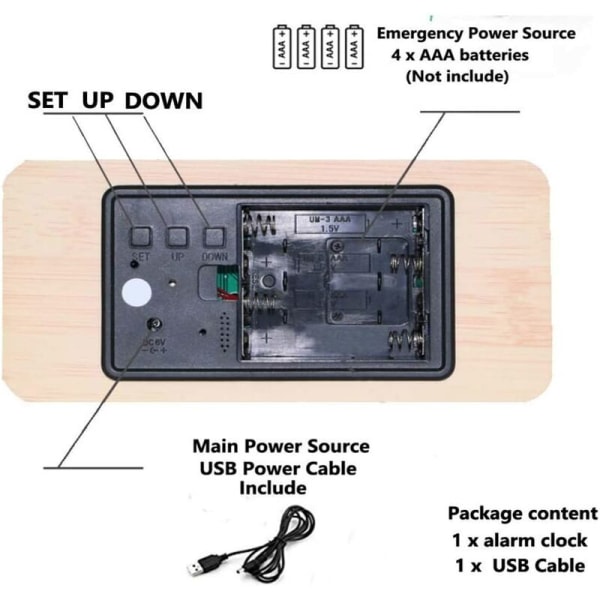 Digital vekkerklokke i tre med justerbar lysstyrke, stemmestyrt LED-klokke, rektangel