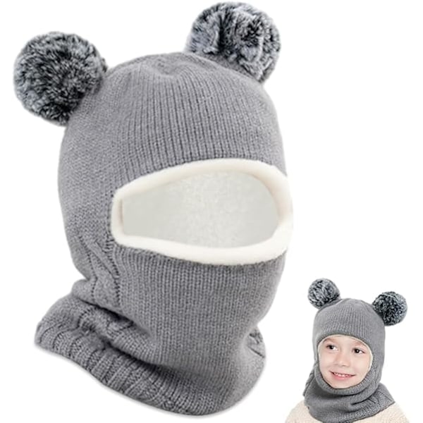 Baby Balaclava, Vinter Toddler Sirkel Halsduk Sett Barn Dobbel Pompom Balaclava Hatt Varmt Halsduk Sett for Jenter og Gutter - Grå