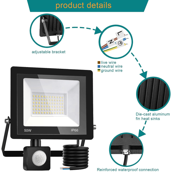 Utendørs LED-flomlys bevegelsessensor 50W, LED-flomlys, IP66 vanntett utendørs LED-spotlight for hage, garasje, gårdsplass