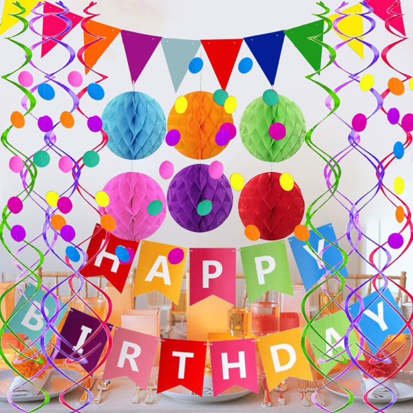 Grattis på födelsedagen banderoll med färgglada pappersflaggor vimplar papper cirkel konfetti girlang virvlande streamers bikakeboll för födelsedagsfest