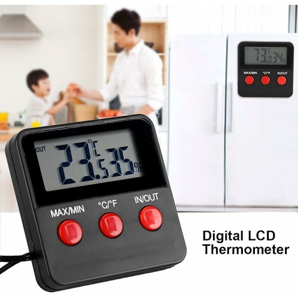 Digital LCD-termometer, digital hygrometer inomhus termometer fuktighetsmätare, husdjursvård 6,2*6,2*1,4cm 1,5m linje (svart)