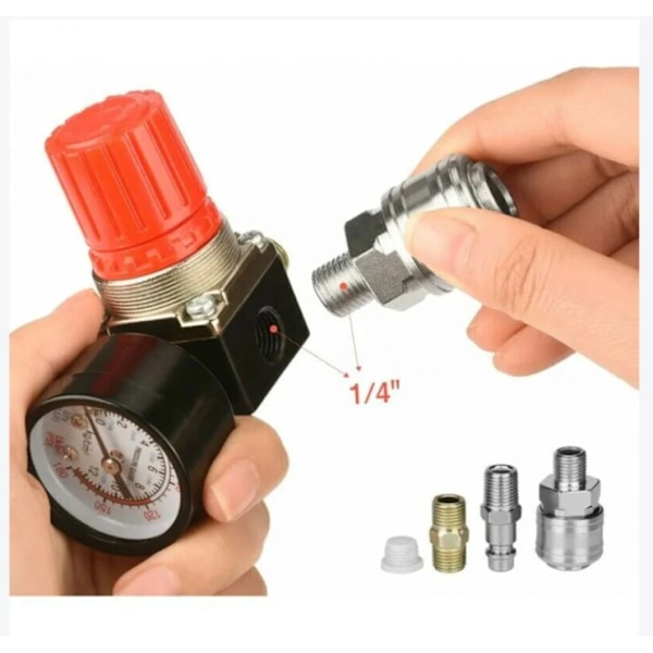 1 stk. Tryklufttrykreduktionsventil, 1/4 Trykreduktionsventil, 4-huls trykregulator med manometer, kompressor