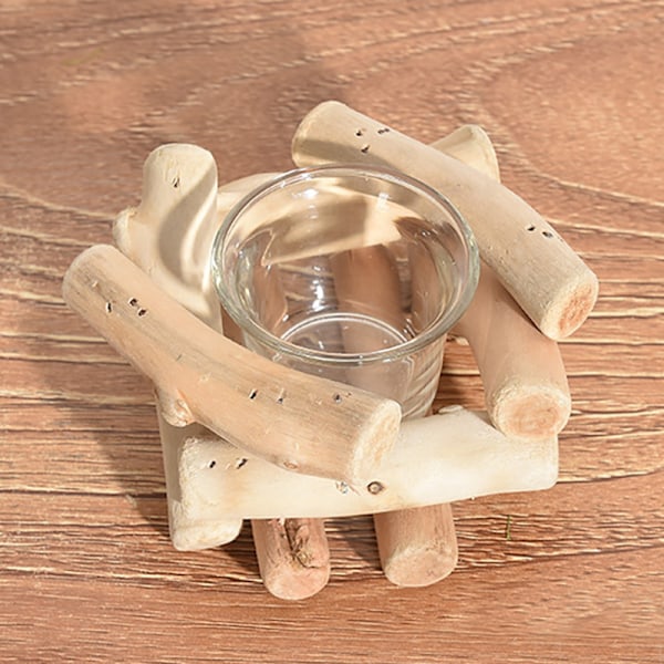 Håndlavet træ tealight lysestage med glaskop