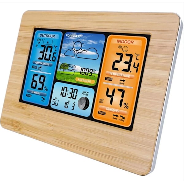 Trådlös väderstation, temperaturbarometer digital inomhus utomhus temperaturbarometer med utomhus väckarklocka med barometertryck (Elfenben)