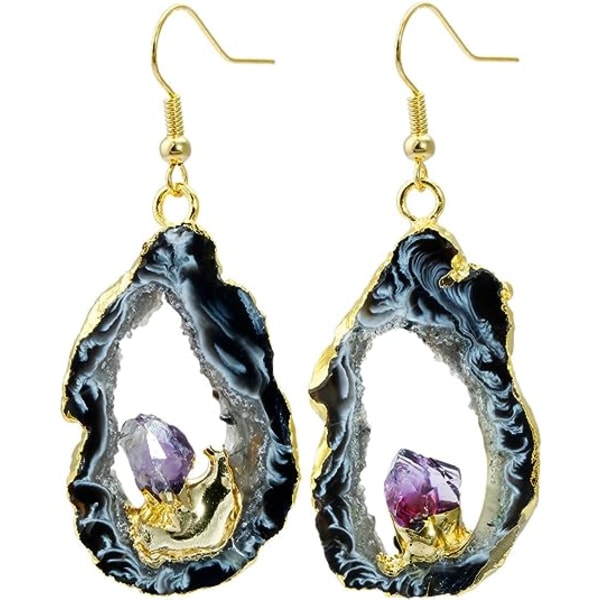 Natural Gemstone Quartz Geode Crystal Dangle Earrings for Women