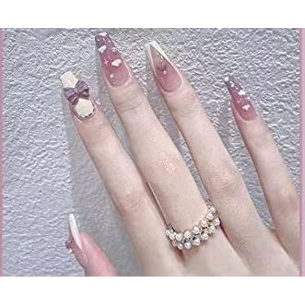 Valentines Long Coffin Press on Nails Purple Clouds Painted Bow P