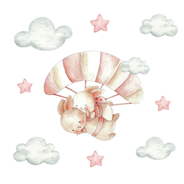 En set av kaniner väggdekaler fallskärm moln stjärnor dekorativa