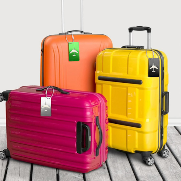 6-pakning aluminiumsflybagasjer med rustfritt stålsnor og navnelapp for å forhindre tap av veske og koffert, reiselapp for koffert (sølv)