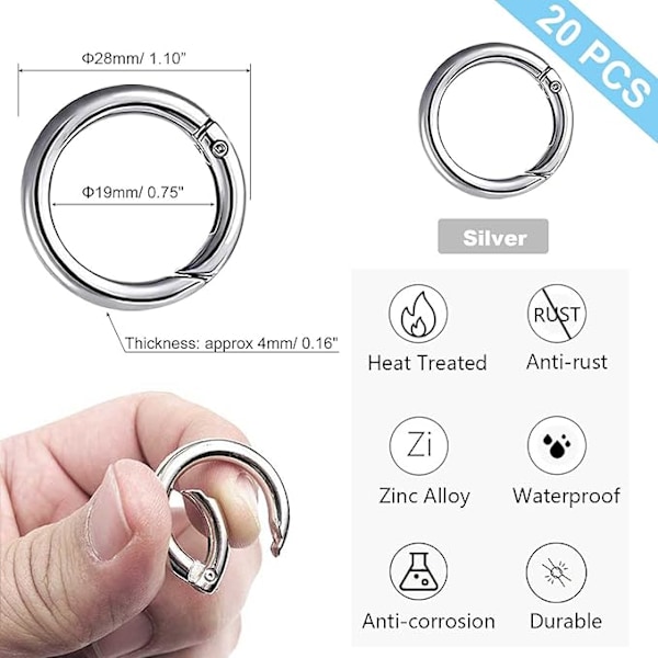 20 st 28mm Rund Karbinhake, Snäpplås Fjäderring Spänne Zinklegering Nyckelring Krokklämmor för Väskor, Handväskor, Nyckelringar, Hantverk, Silver