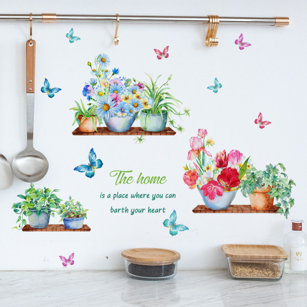 En set blomma väggklistermärken Krukväxter Fjärilar Självhäftande