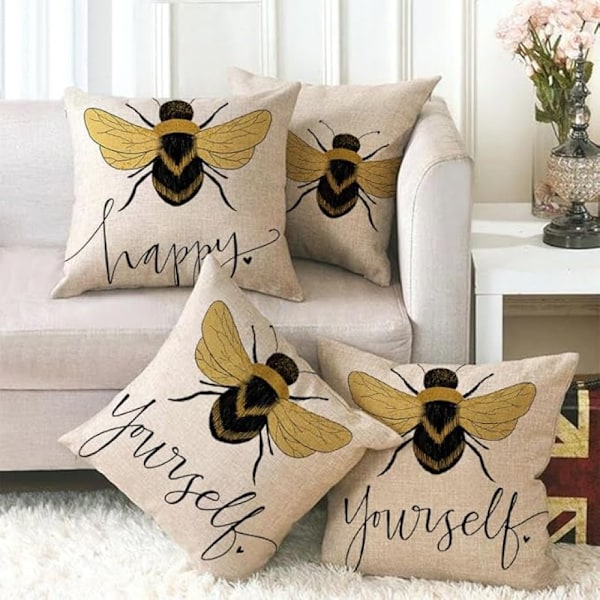 Bee Cushions Cover Outdoor Waterproof Cushions Yellow Bee Pillow Covers Set of 4 Home Decorative for Sofa Linen Square Outside Office 18x18 Inch 45x4