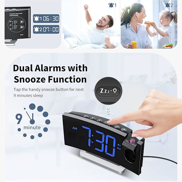Vækkeur Radio til Soveværelse, Projektionsvækkeur med FM-radio, USB-oplader, Dobbelt Alarm, Snooze, Sleep Timer, 12/24H, Tydeligt Digitalt Ur