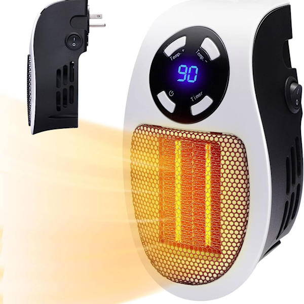 Mini keramisk varmeblæser 500W - Mini varmeblæser med fjernbetjening - Timer 1-12 timer - Termostat 15° til 30° - stik
