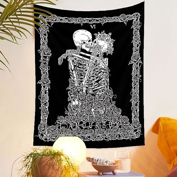 Skalle Väggbonad Kyssande Älskare Gobeläng Vägg Hängande Svart Tarot Gobeläng Skelettfilt Tyg Dekoration för Sovrum Vardagsrum 73 x 95cm
