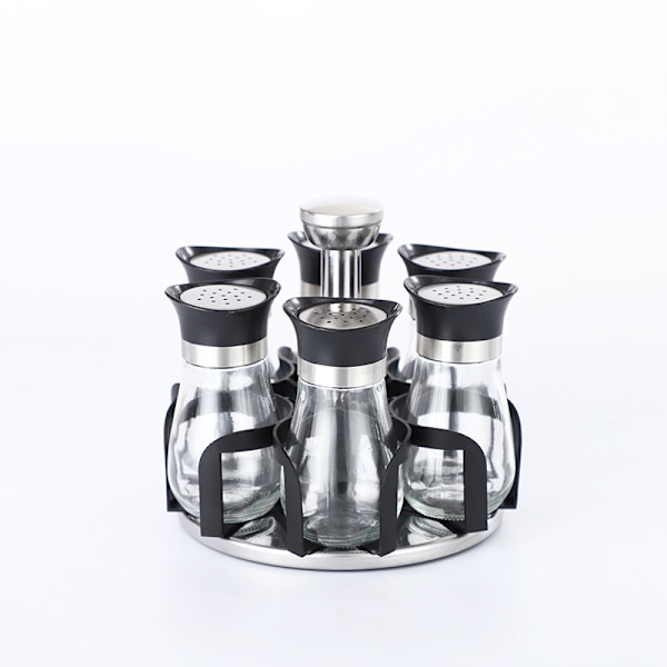 Krydderihylde, med 6 glas, 360° roterende hylde, rustfrit stål, glas, HxD 16 x 17,5 cm, karrusel, sølv/sort