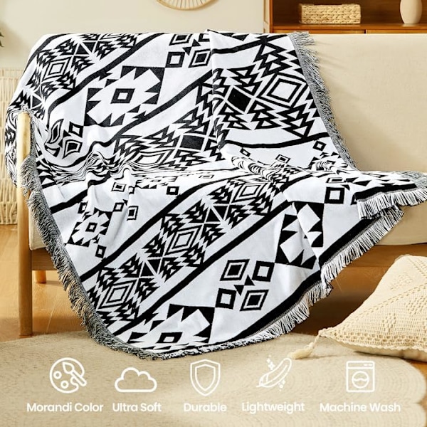 Boho filt, svartvit filt med tofsar, västerländsk dekorativ bondgårdsfilt, sydvästlig aztekisk bohemisk filt för stol, säng, soffa, S