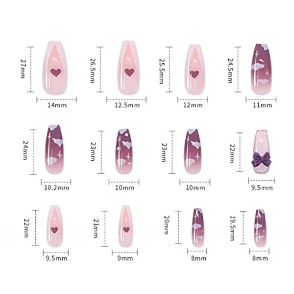 Valentines Long Coffin Press on Nails Purple Clouds Painted Bow P
