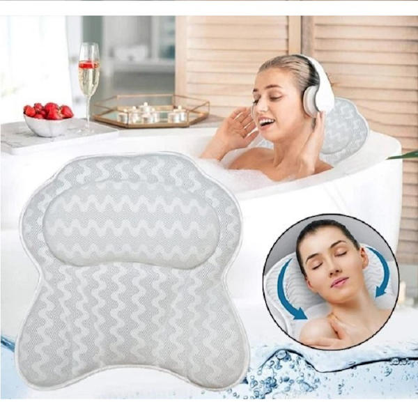 Lyxigt badkudde för badkar - Ergonomiskt badkudde för nack- och ryggstöd - Badkarskudde för ren komfort - Andningsbart 3D-vadderat nät - Air Mesh-teknologi stöder leder (Vit)