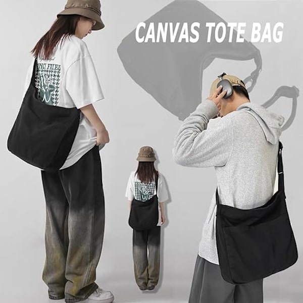 Dam Canvas Crossbody Väska Stor Kapacitet Messenger Väska Casual Axelväska Resväska Shoppingväska，Svart