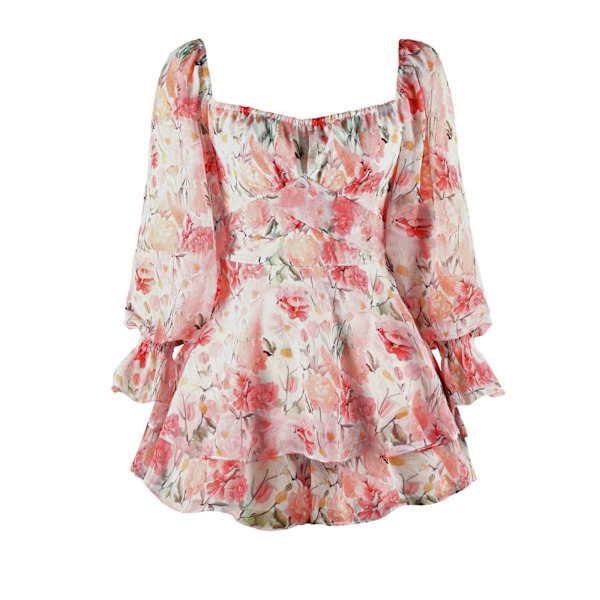 Jumpsuit Lantern Langærmet Ruffle Lag Tie Mini Short Romper-pink,M