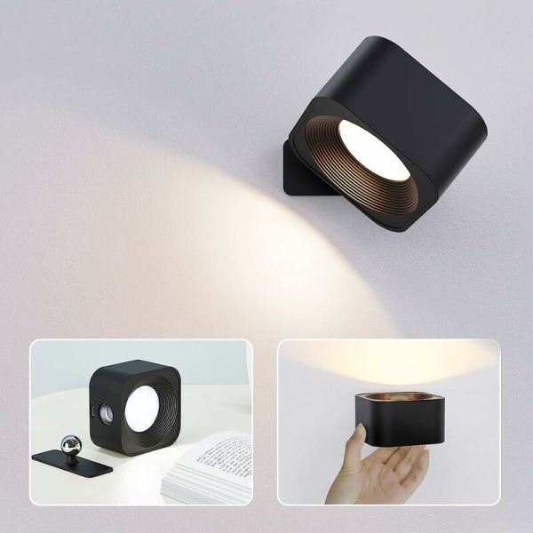 Innendørs vegglampe, 3 nivåer lysstyrke og 3 temperaturer berøring LED vegglampe, 360° rotasjon vegglampe, veggmontert sengelampe USB-lading vegglamper soverom stue gang - Svart