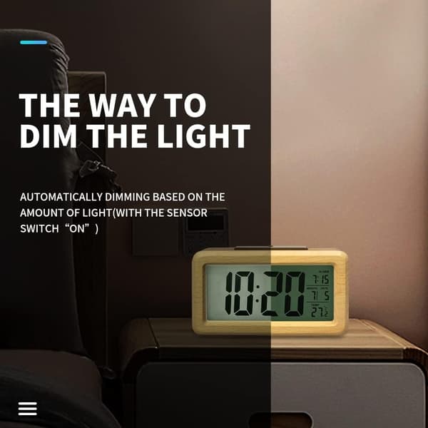 Batteridrevet træ LCD digitalt vækkeur med smart sensor