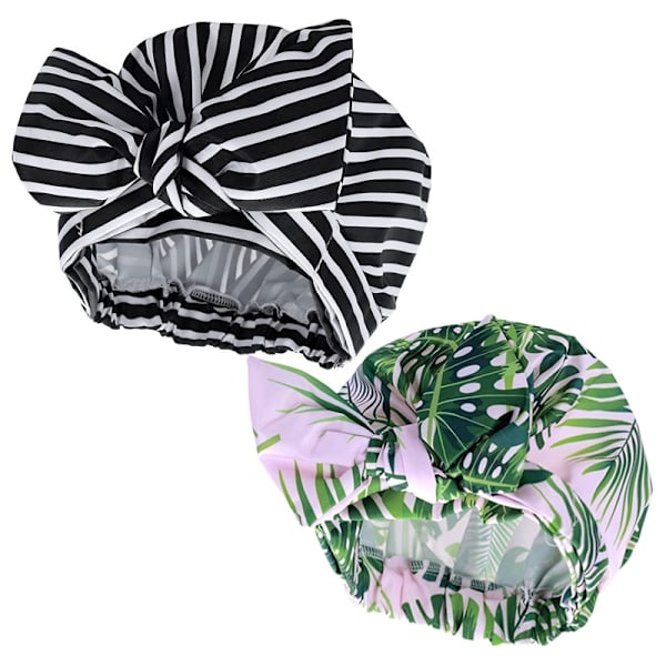 2 vanntette dusjhetter Gjenbrukbare miljøvennlige dusjhette (svart stripe+bananpalme)