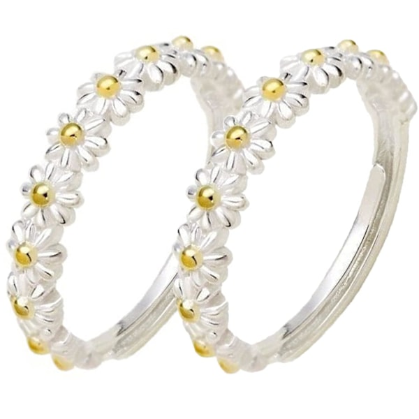2 st glänsande ringar med prästkrage, silverfärgad justerbar fingerring med blommor, öppningsbara blomsterringar för kvinnor och flickor