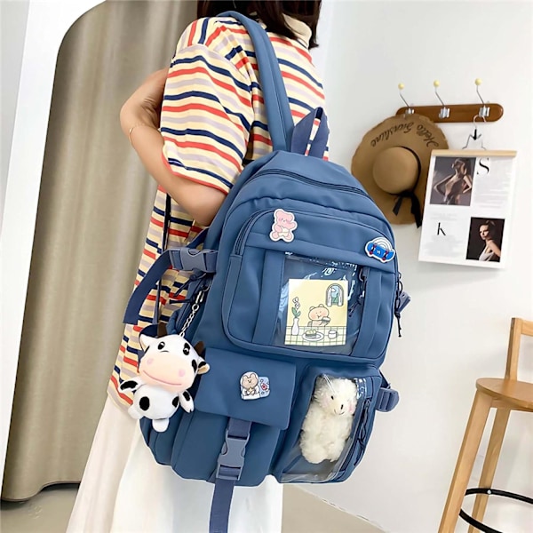 Kawaii Ryggsäck Med Söt Plysch Hänge Och Kawaii Pins, Estetisk Ryggsäck Söt Kawaii Ryggsäck För Skola（Blå）