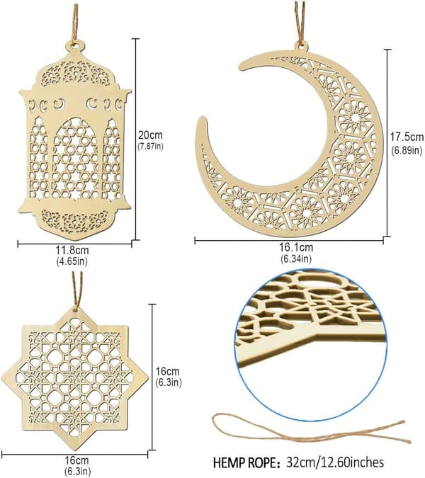 6 stk. Eid al-Fitr-ornamenter i tre, DIY Eid-ornamentdekorasjon