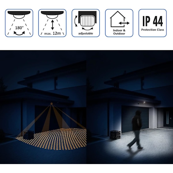 1x Infraröd rörelsesensor - För inomhus och utomhus räckvidd upp till 12 m vid 180 roterbar lutningsbar Ip44 skydd mot vattenstänk svart